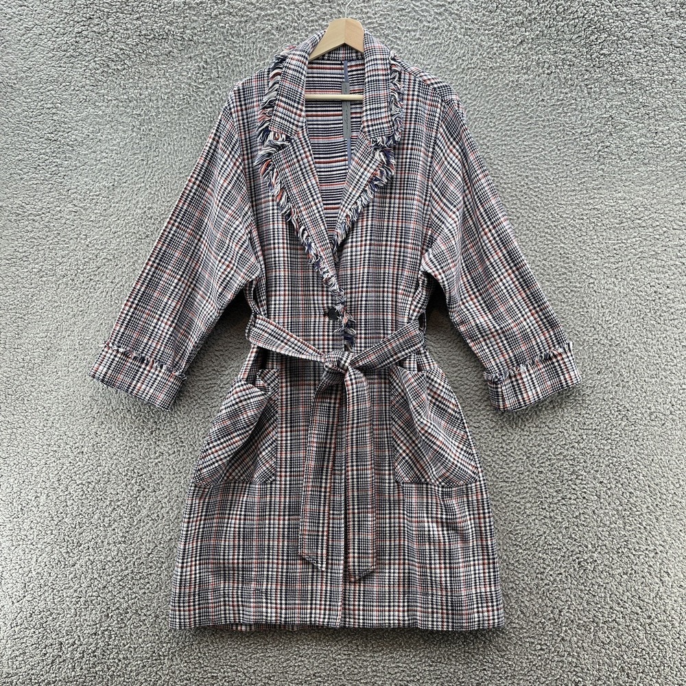 Raquel Allegra Duster Jacket Womens Large Navy White Plaid Belted Trench Coat
